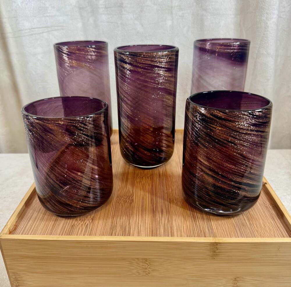 Hand Blown Purple and Gold Swirl Glassware Set by 10 Strawberry Street